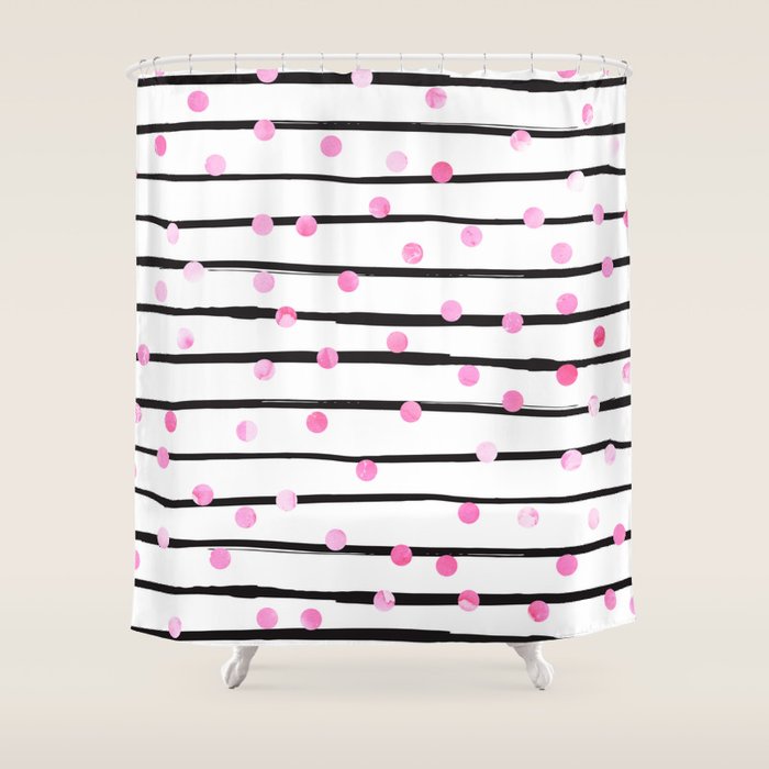 Blush pink black watercolor modern stripes polka dots Shower Curtain Gallery Image 1