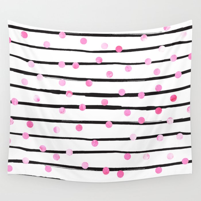 Blush pink black watercolor modern stripes polka dots Wall Tapestry Gallery Image 4