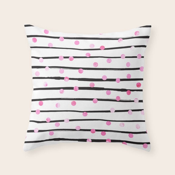 Blush pink black watercolor modern stripes polka dots Throw Pillow Gallery Image 6