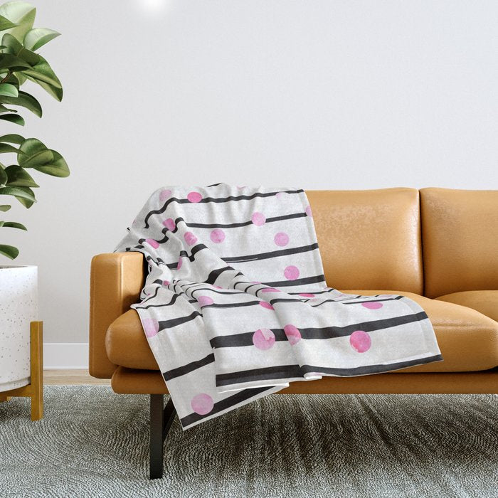 Blush pink black watercolor modern stripes polka dots Throw Blanket Gallery Image 1