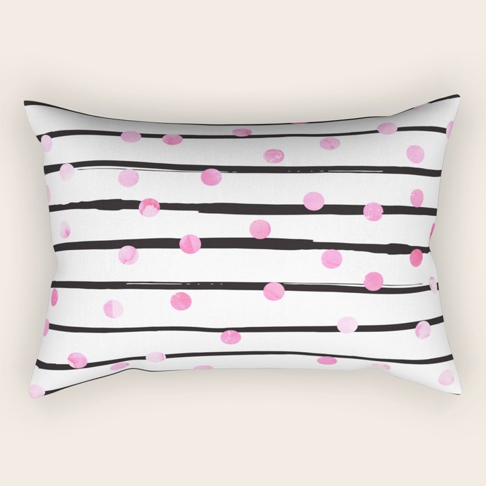 Blush pink black watercolor modern stripes polka dots Rectangular Pillow Gallery Image 1