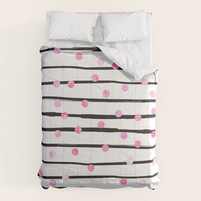 Blush pink black watercolor modern stripes polka dots Comforter Gallery Image 1