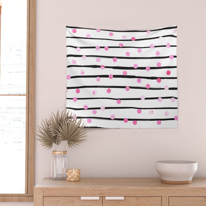 Blush pink black watercolor modern stripes polka dots Wall Tapestry Gallery Image 2