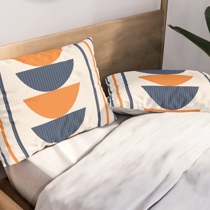 Abstract Shapes 76 in Orange and Navy Blue (Moon Phase Geometric Abstraction) Pillow Sham Gallery Image 2