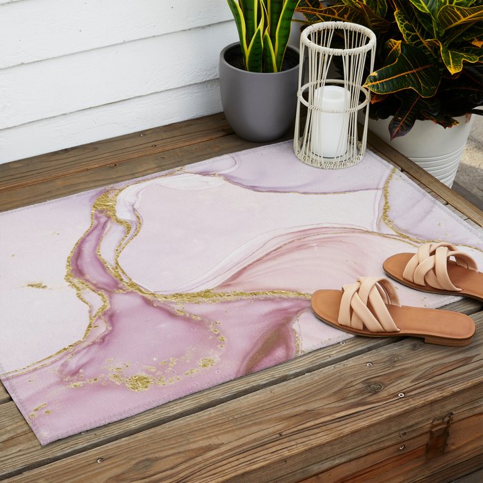Blush Pink And Gold Alcohol Ink Marble Outdoor Rug Gallery Image 2