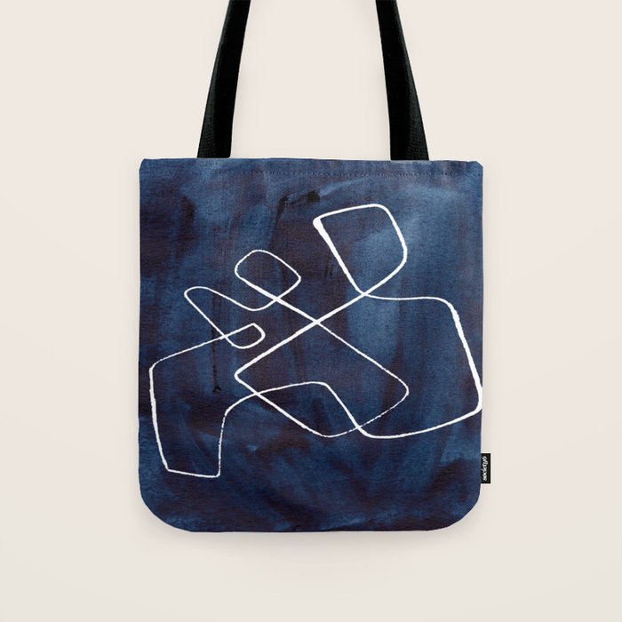 Minimalist Minimal Line Drawing Maze Dark Navy Blue Painting Mid Century Modern Cool Funky Trendy Tote Bag Gallery Image 1