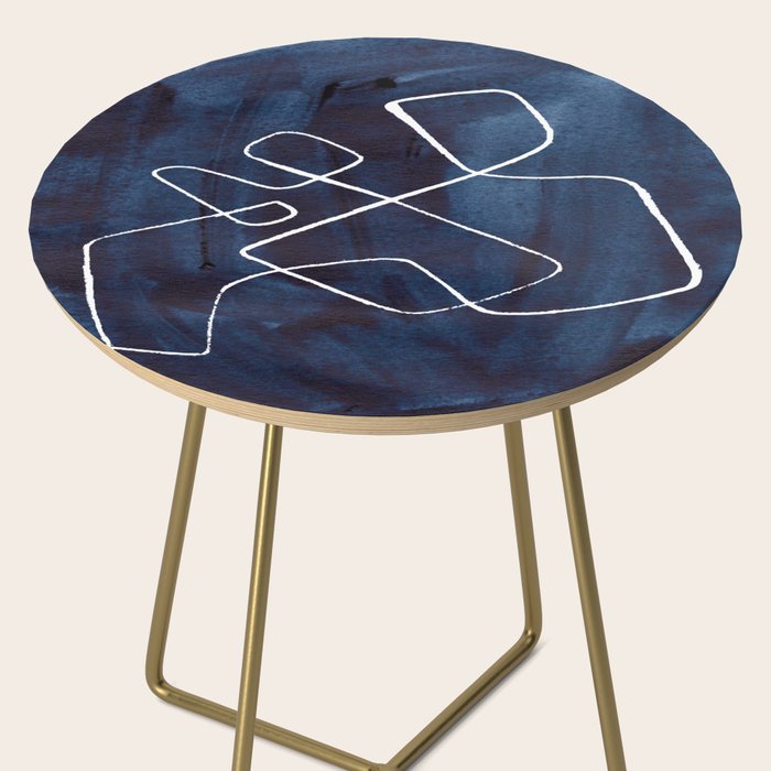 Minimalist Minimal Line Drawing Maze Dark Navy Blue Painting Mid Century Modern Cool Funky Trendy Side Table Gallery Image 2