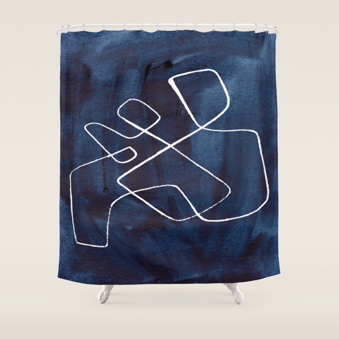 Minimalist Minimal Line Drawing Maze Dark Navy Blue Painting Mid Century Modern Cool Funky Trendy Shower Curtain Gallery Image 1