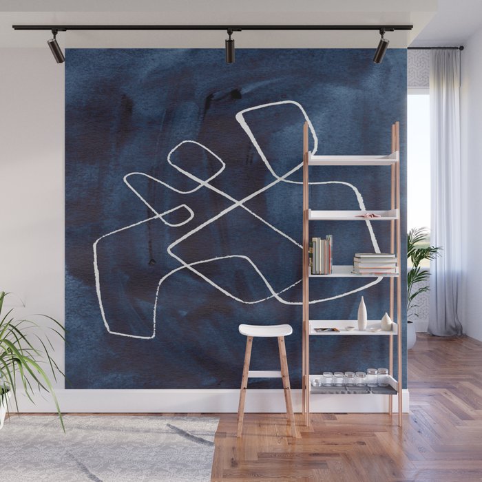 Minimalist Minimal Line Drawing Maze Dark Navy Blue Painting Mid Century Modern Cool Funky Trendy Wall Mural Gallery Image 1
