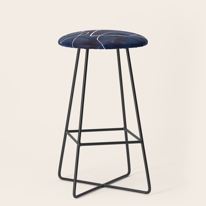 Minimalist Minimal Line Drawing Maze Dark Navy Blue Painting Mid Century Modern Cool Funky Trendy Stool Gallery Image 1
