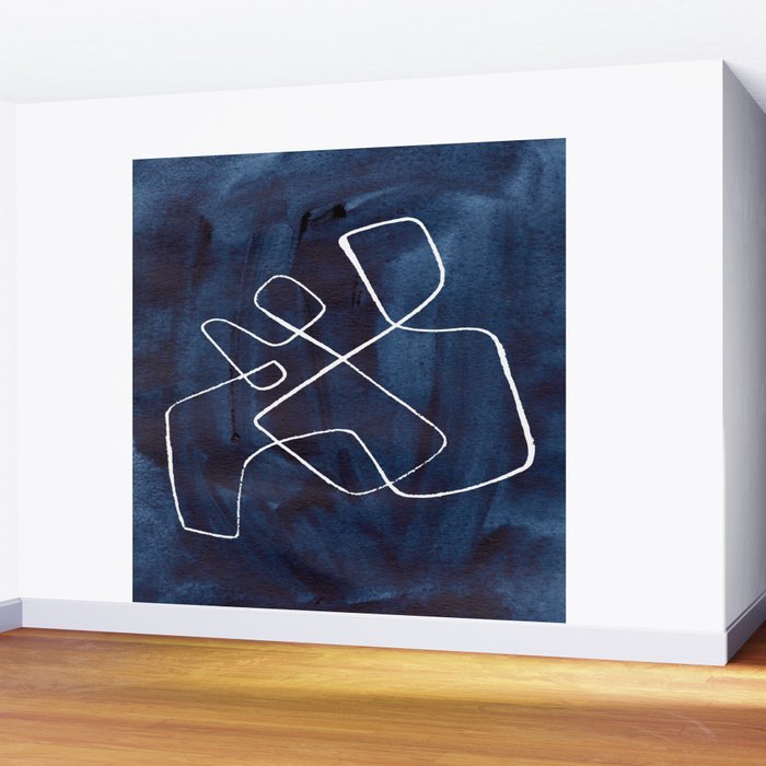 Minimalist Minimal Line Drawing Maze Dark Navy Blue Painting Mid Century Modern Cool Funky Trendy Wall Mural Gallery Image 2