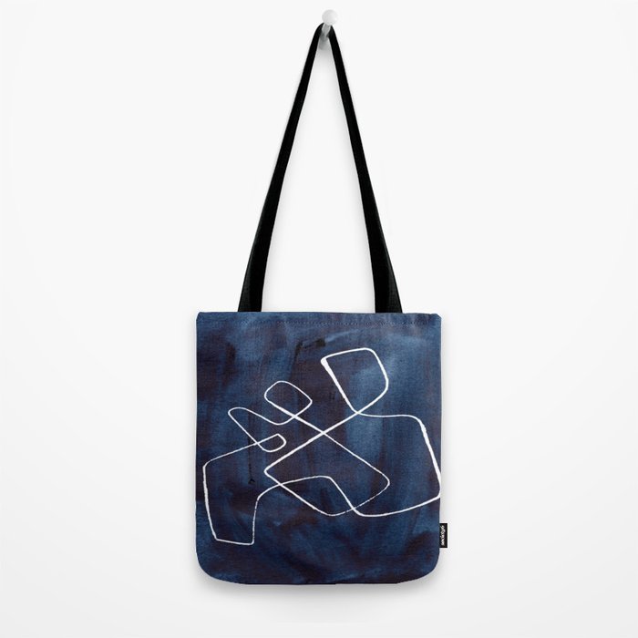 Minimalist Minimal Line Drawing Maze Dark Navy Blue Painting Mid Century Modern Cool Funky Trendy Tote Bag Gallery Image 2