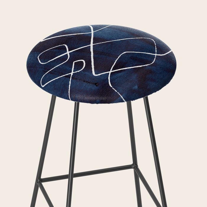 Minimalist Minimal Line Drawing Maze Dark Navy Blue Painting Mid Century Modern Cool Funky Trendy Stool Gallery Image 2