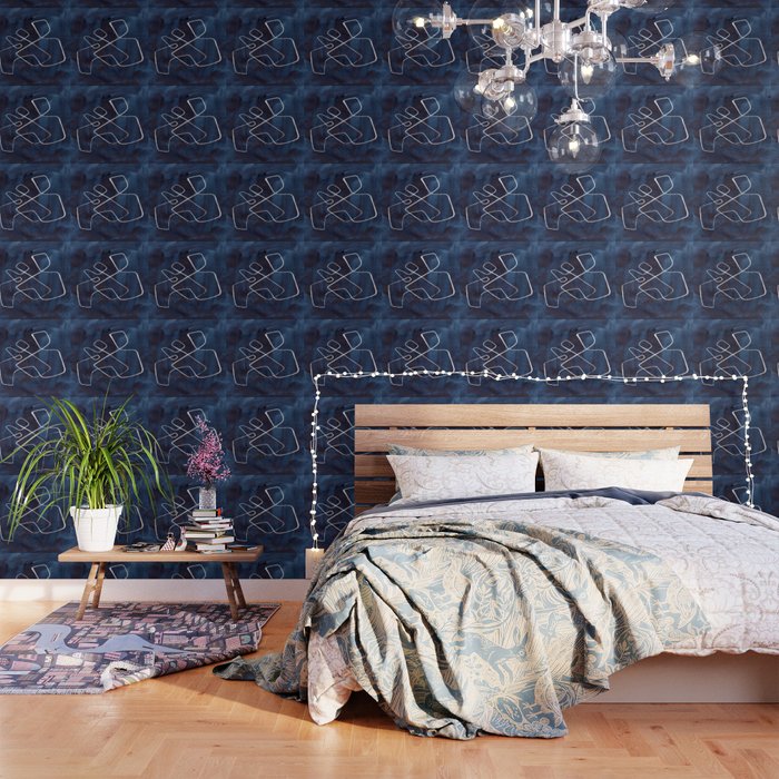 Minimalist Minimal Line Drawing Maze Dark Navy Blue Painting Mid Century Modern Cool Funky Trendy Wallpaper Gallery Image 3