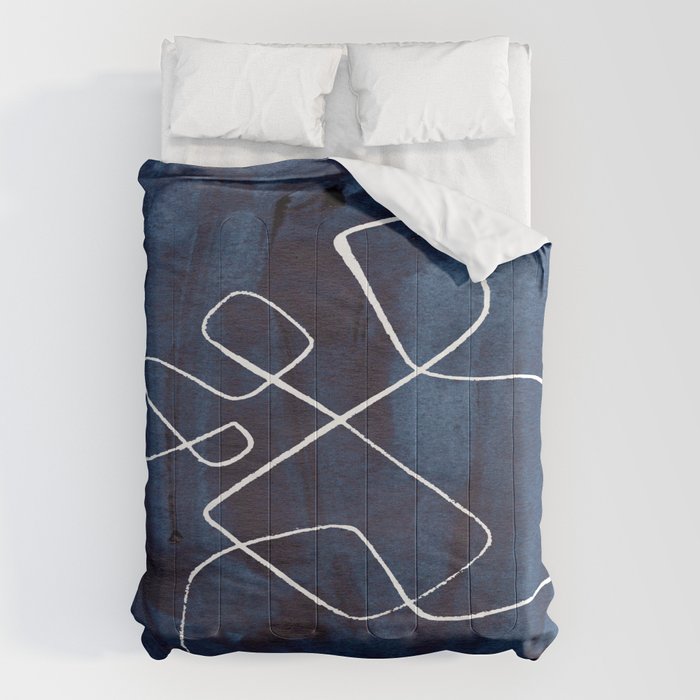 Minimalist Minimal Line Drawing Maze Dark Navy Blue Painting Mid Century Modern Cool Funky Trendy Comforter Gallery Image 6
