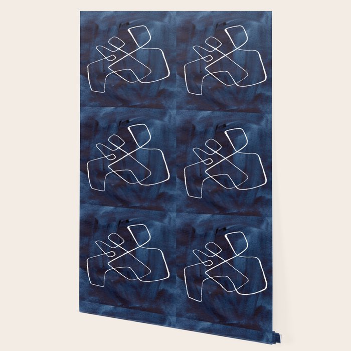 Minimalist Minimal Line Drawing Maze Dark Navy Blue Painting Mid Century Modern Cool Funky Trendy Wallpaper Gallery Image 2