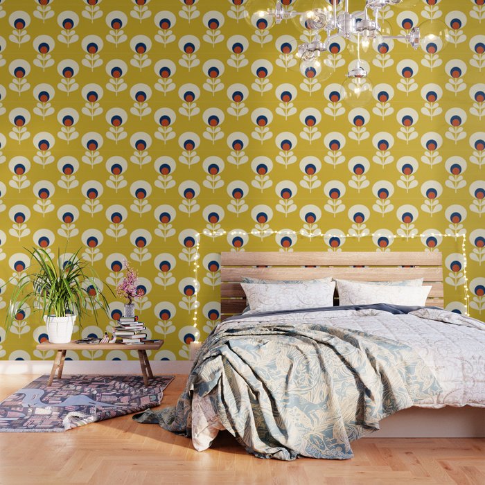 Flowers geometry mustard - retro pattern no3 Wallpaper Gallery Image 3