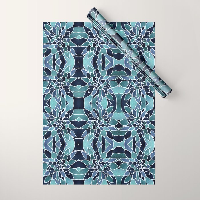 Festive, Flower Bloom, Navy Blue and Teal Wrapping Paper Gallery Image 1
