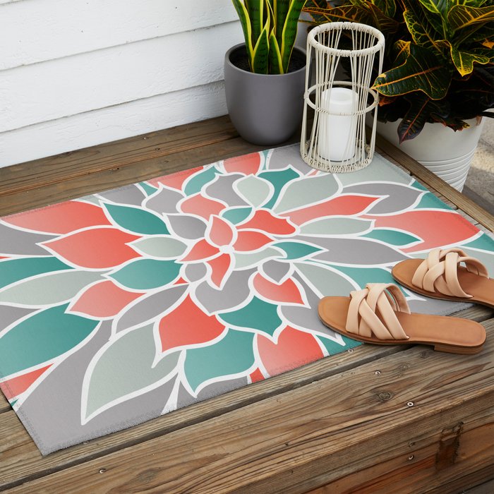Modern Floral Prints, Coral, Teal Green and Gray Outdoor Rug Gallery Image 2