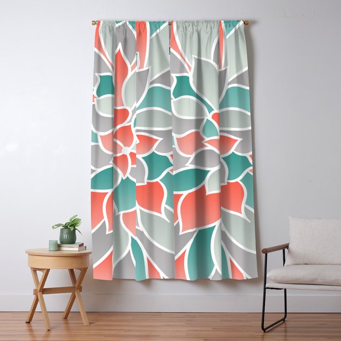 Modern Floral Prints, Coral, Teal Green and Gray Window Curtain Gallery Image 5