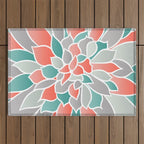 Modern Floral Prints, Coral, Teal Green and Gray Outdoor Rug Gallery Image 1