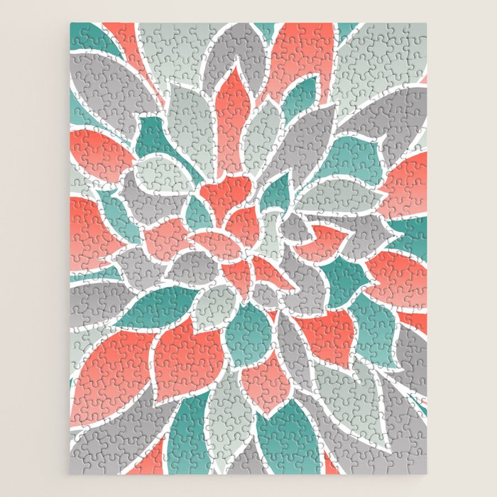 Modern Floral Prints, Coral, Teal Green and Gray Jigsaw Puzzle Gallery Image 1