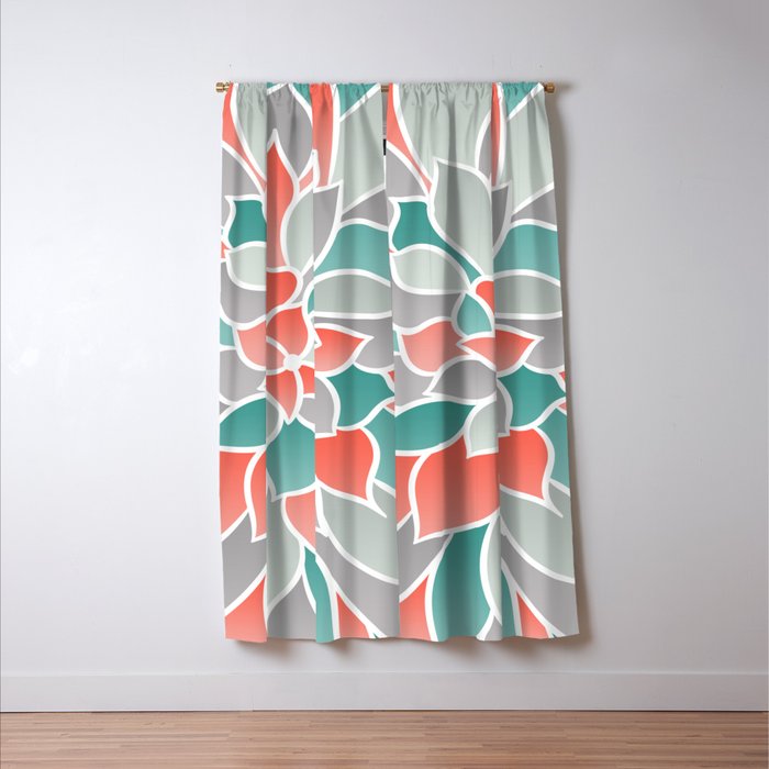 Modern Floral Prints, Coral, Teal Green and Gray Window Curtain Gallery Image 3