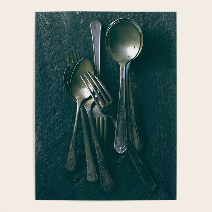 Beautiful Vintage Spoons on Black - still life photograph Poster Gallery Image 4