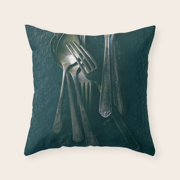 Beautiful Vintage Spoons on Black - still life photograph Throw Pillow Gallery Image 1