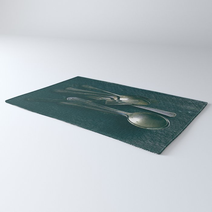 Beautiful Vintage Spoons on Black - still life photograph Rug Gallery Image 3