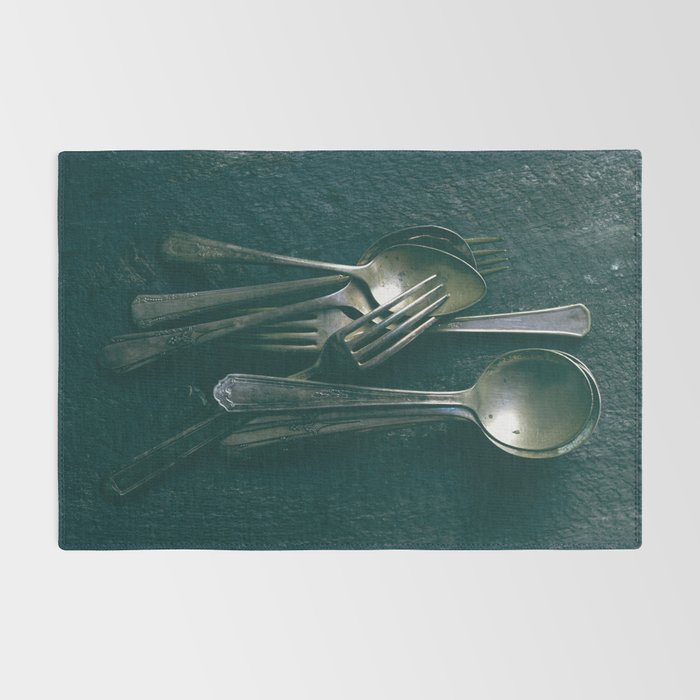 Beautiful Vintage Spoons on Black - still life photograph Rug Gallery Image 2
