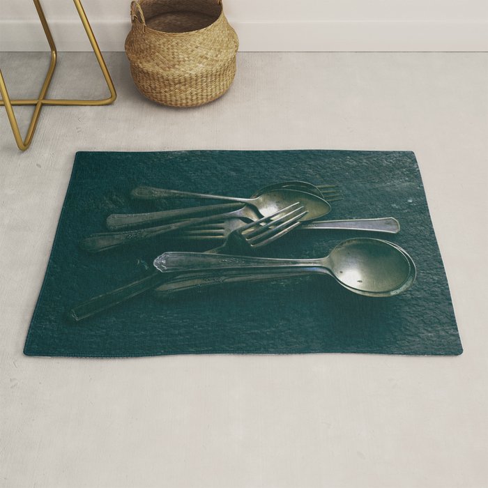 Beautiful Vintage Spoons on Black - still life photograph Rug Gallery Image 1