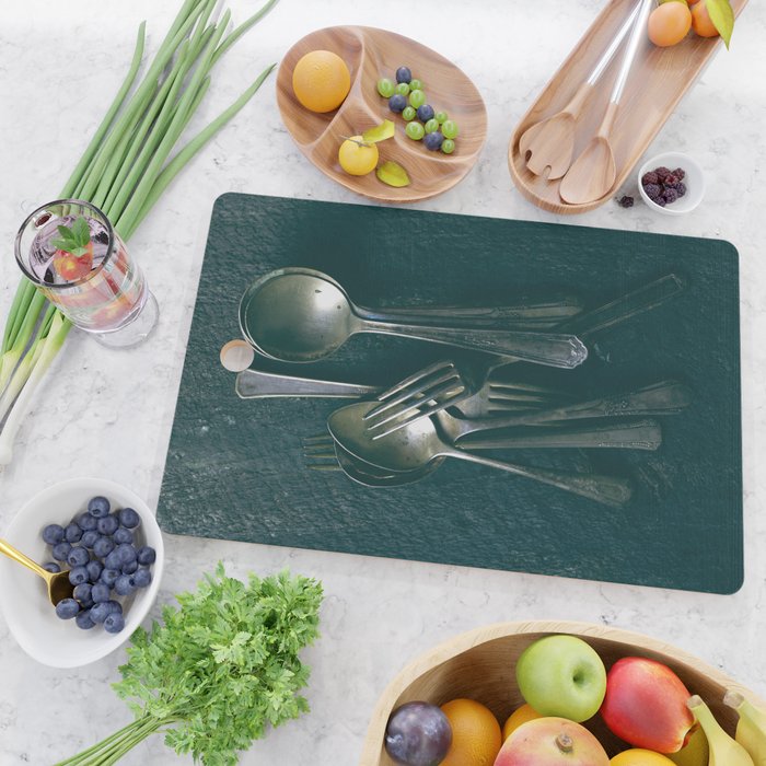 Beautiful Vintage Spoons on Black - still life photograph Cutting Board Gallery Image 2
