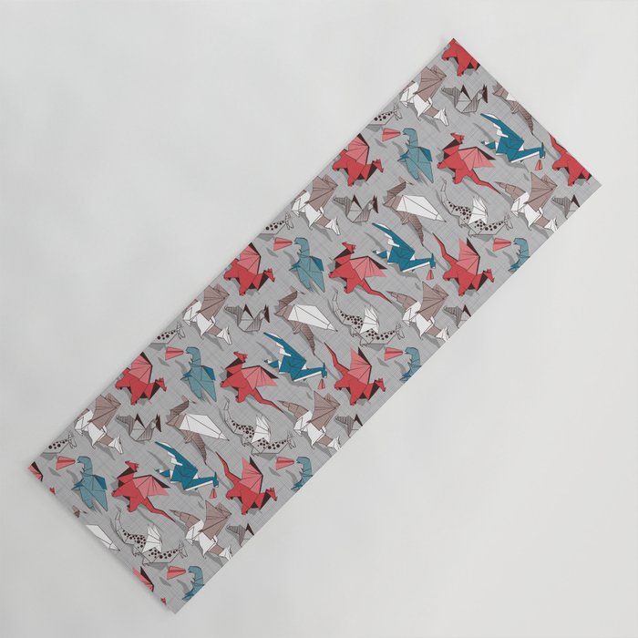 Origami dragon friends // linen texture background blue red grey and taupe fantastic creatures Yoga Mat Gallery Image 1