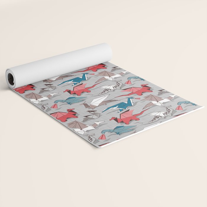 Origami dragon friends // linen texture background blue red grey and taupe fantastic creatures Yoga Mat Gallery Image 2
