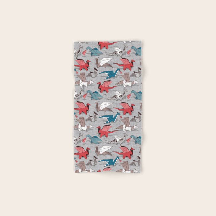 Origami dragon friends // linen texture background blue red grey and taupe fantastic creatures Bath Towel Gallery Image 1