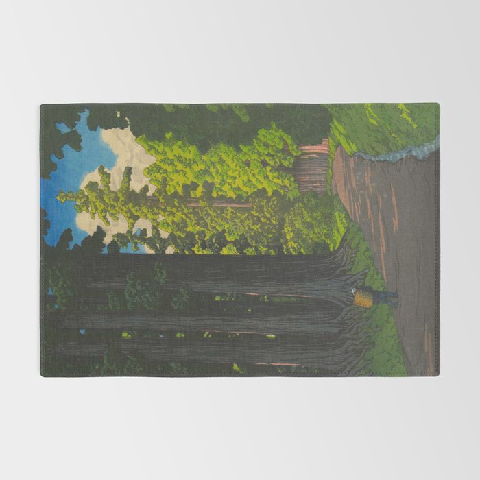 Vintage Japanese Woodblock Print Kawase Hasui Mystical Japanese forest Tall Green Trees Rug Gallery Image 2