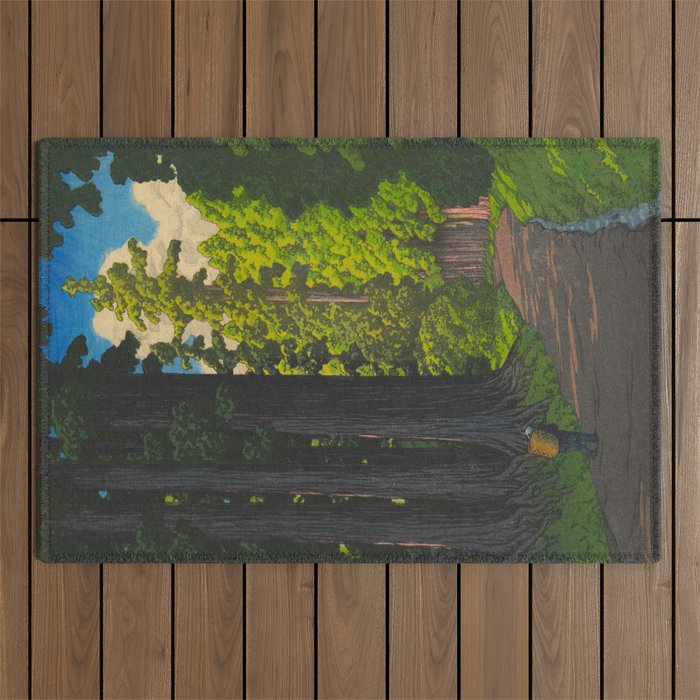 Vintage Japanese Woodblock Print Kawase Hasui Mystical Japanese forest Tall Green Trees Outdoor Rug Gallery Image 1
