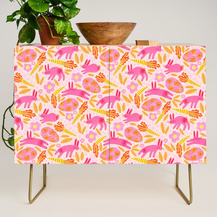 Cute Colorful Rabbits & Decorative Eggs in Pastel Pink Credenza Gallery Image 1