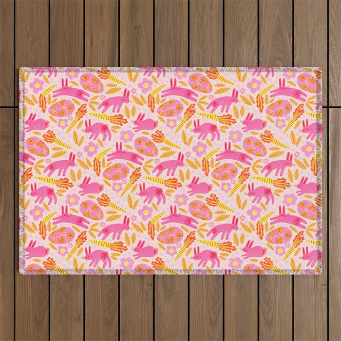 Cute Colorful Rabbits & Decorative Eggs in Pastel Pink Outdoor Rug Gallery Image 1