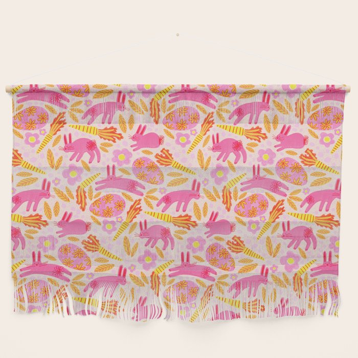 Cute Colorful Rabbits & Decorative Eggs in Pastel Pink Wall Hanging Gallery Image 1