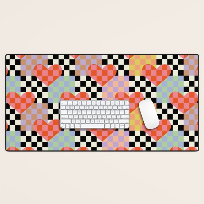 Retro love heart checkered pattern Desk Mat Gallery Image 1