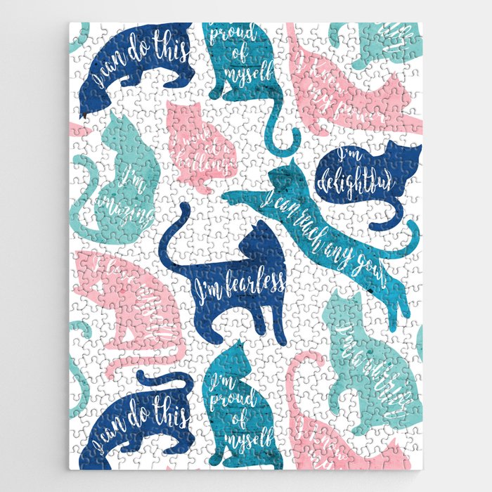 Be like a cat // white background pastel pink blue aqua and teal cat silhouettes with affirmations Jigsaw Puzzle Gallery Image 1