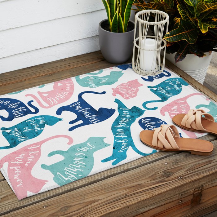 Be like a cat // white background pastel pink blue aqua and teal cat silhouettes with affirmations Outdoor Rug Gallery Image 2