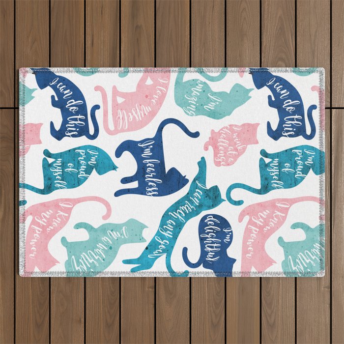 Be like a cat // white background pastel pink blue aqua and teal cat silhouettes with affirmations Outdoor Rug Gallery Image 1