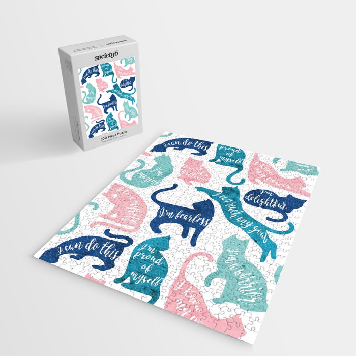 Be like a cat // white background pastel pink blue aqua and teal cat silhouettes with affirmations Jigsaw Puzzle Gallery Image 2