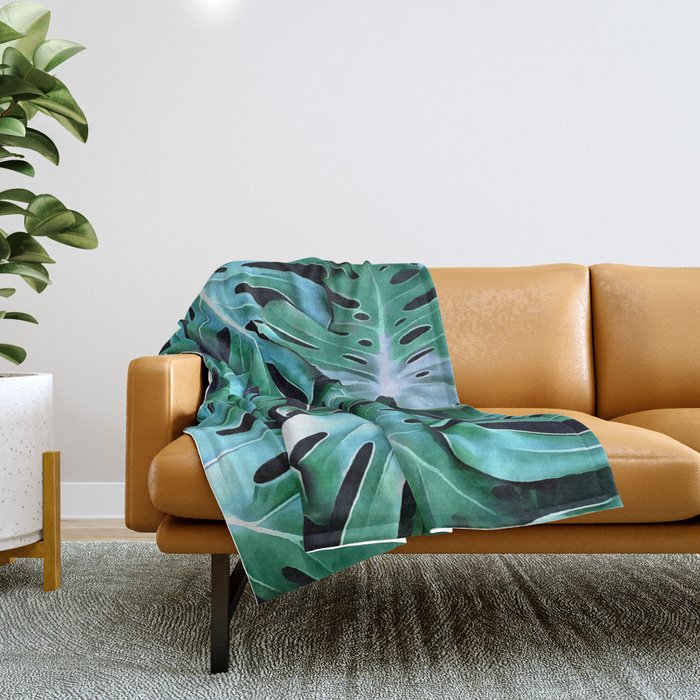 Monstera leaves Throw Blanket Gallery Image 1