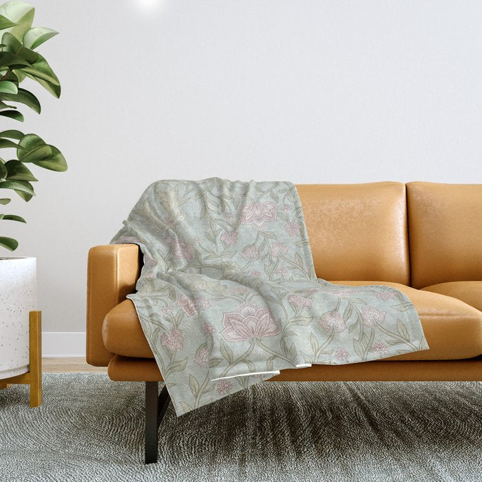 Ivy Morris Sage Green Floral Damask with Climbing Vines Throw Blanket Gallery Image 1