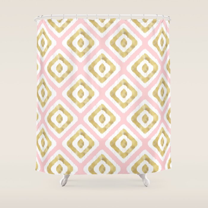 Pink & Gold Ikat Pattern Shower Curtain Gallery Image 1