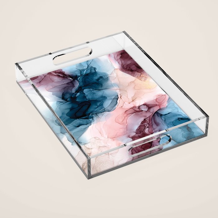 Pastel Plum, Deep Blue, Blush and Gold Abstract Painting Acrylic Tray Gallery Image 1
